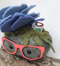 Load image into Gallery viewer, Felted Wool Stone Softie - Sky Blue Fascinator Fancy Lady with Starbucks Coffee Mug
