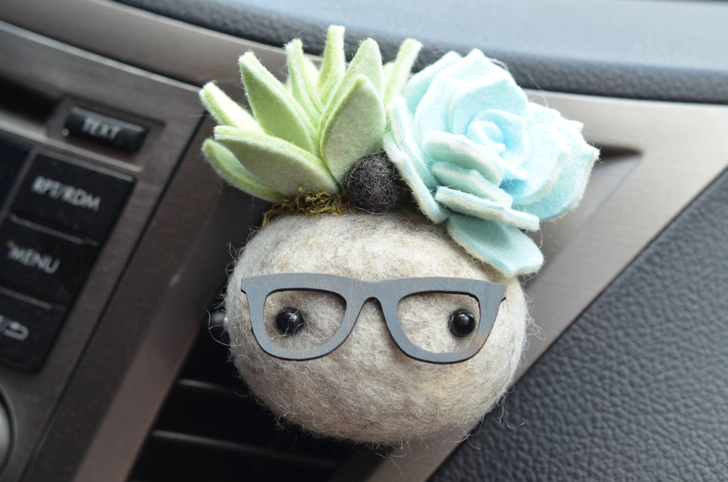Stone Softie Vehicle Vent Clip/ Essential Oil Diffuser - Pistachio and Sky Blue Succulents With Driving Glasses