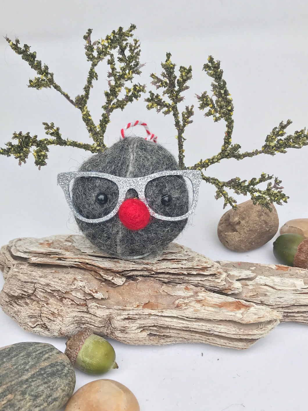 Retro Cool Rudolph - Felted Wool Stone Softie Ornament