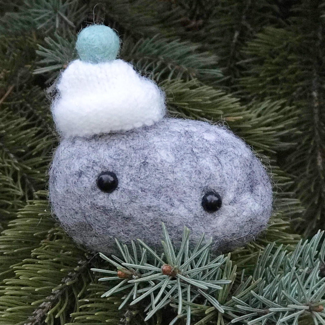 Stone in a Wooly Hat - Felted Wool Stone Softie Ornament