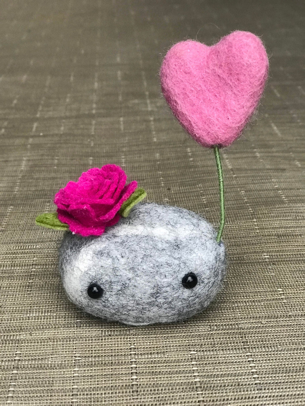 Felted Wool Stone Softie with Heart Balloon and Rose