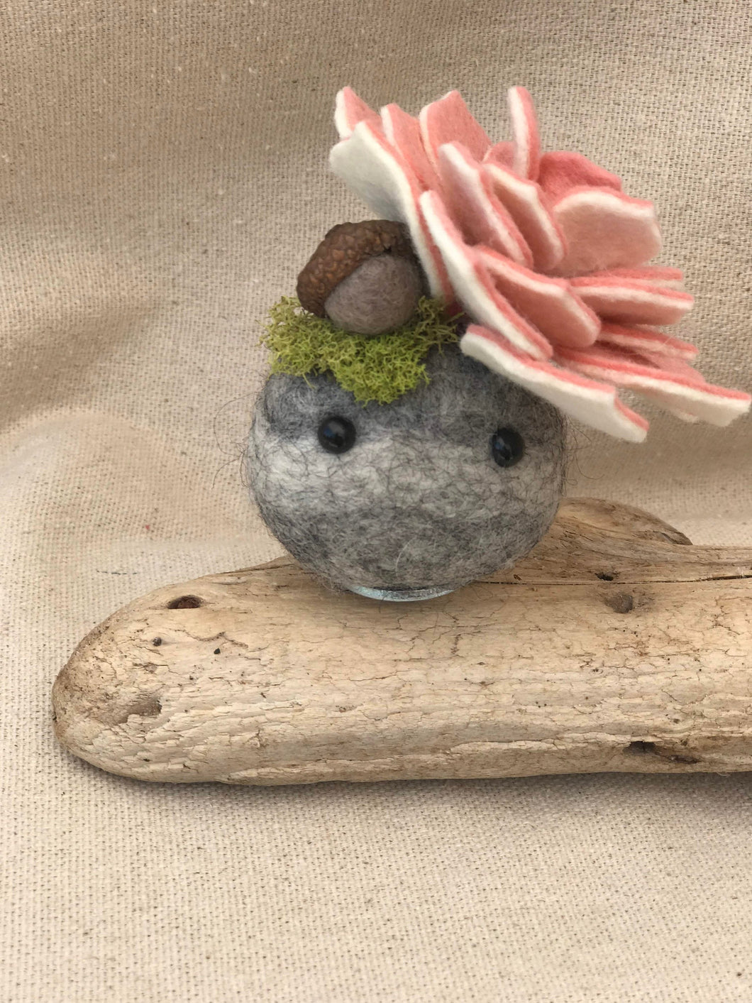 Felted Wool Stone Softie with Succulent Fascinator and Felted Acorn