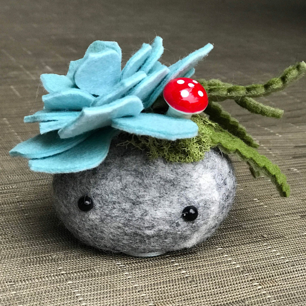 Felted Wool Stone Softie with Succulent Fascinator and Tiny Toadstool