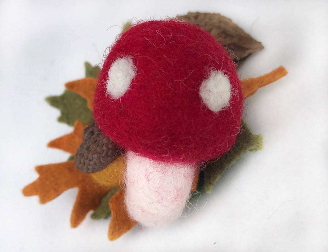 Felted Wool Toadstool and Acorn Brooch/ Coat Pin with Merino Wool Felt Leaves