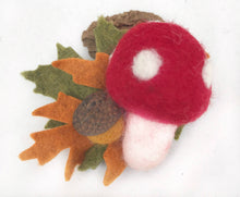 Load image into Gallery viewer, Felted Wool Toadstool and Acorn Brooch/ Coat Pin with Merino Wool Felt Leaves
