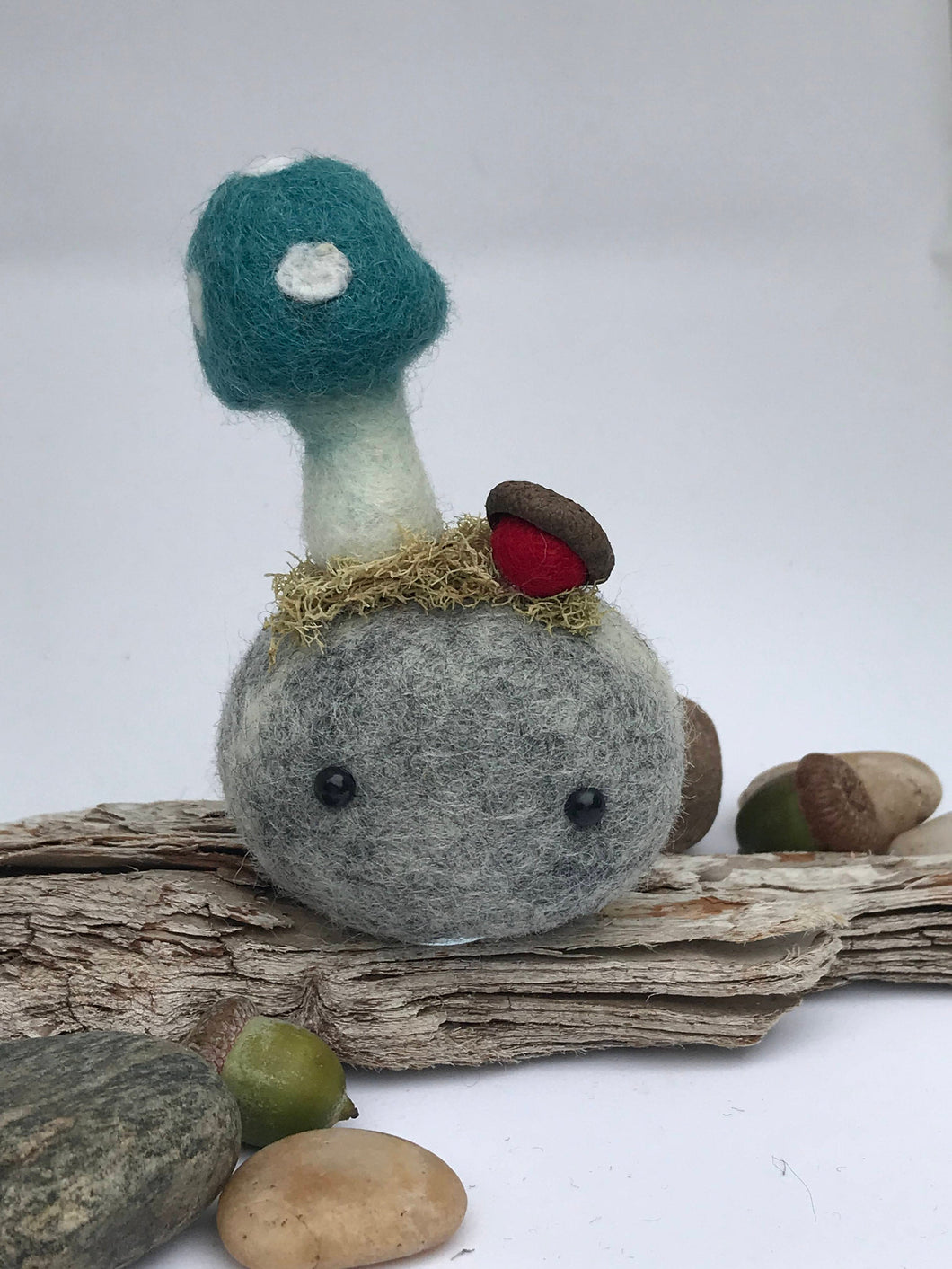 Felted Wool Stone Softie - Woodland Stone with Toadstool