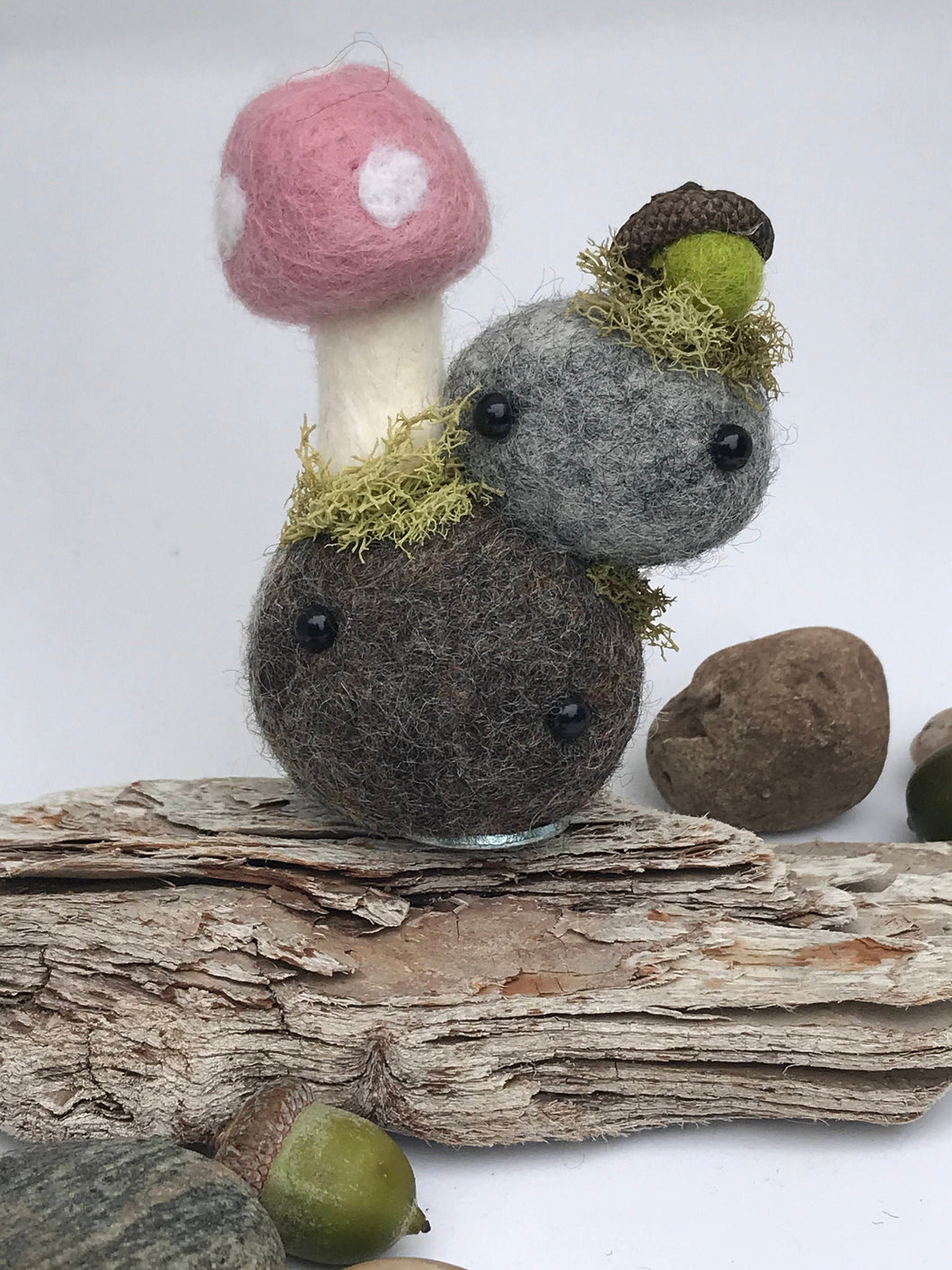 Felted Wool Stone Softie - Woodland Stone Stack with Toadstool