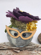 Load image into Gallery viewer, Felted Wool Stone Softie - Violet Fascinator Fancy Lady with Mustard Accents and Granny Glasses
